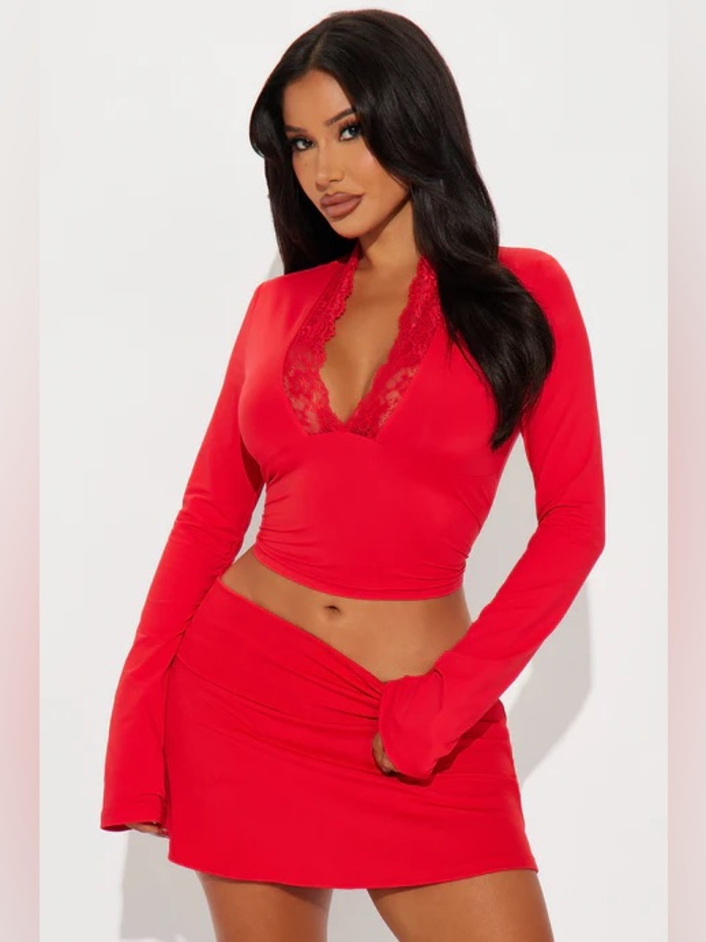 Fashion Nova Sarai Lace Long Sleeve Top Red Size XL NWT